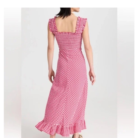 Ganni Women's Stretch Seersucker Maxi Smock Dress Red Gingham Checkered Size XL - Picture 2 of 10